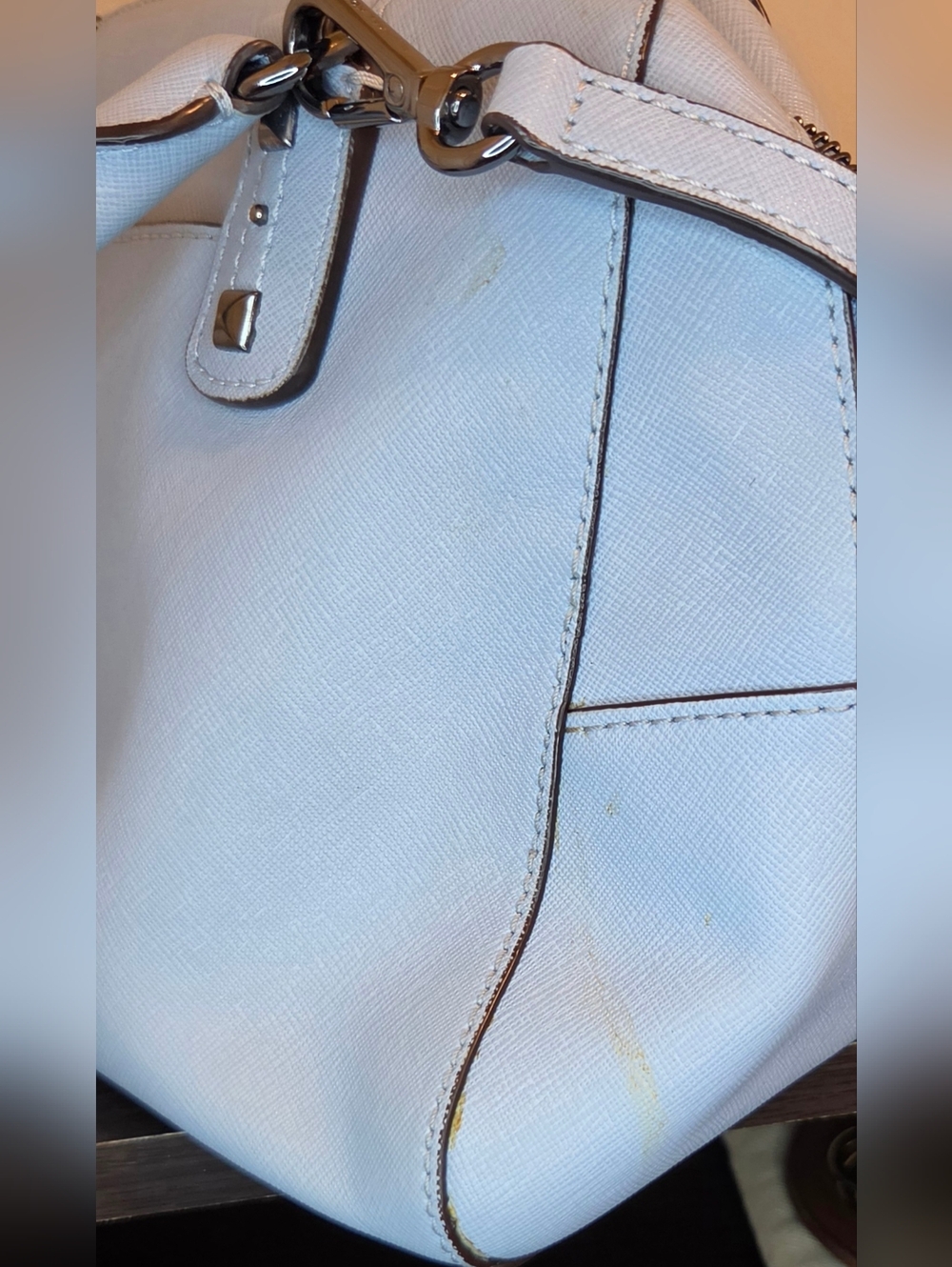 Michael Kors Studded Saffiano Leather Satchel Crossbody Light Blue Gunmetal - Picture 12 of 12